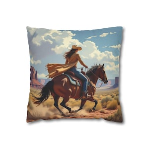 Cowgirl Artwork Pillowcase, Western Home Decor, Horse Riding Cushion, Rustic Throw Pillow, Country Living Gift
