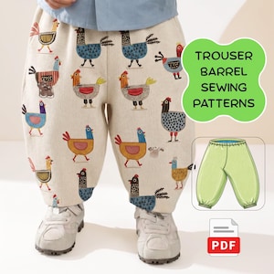 Puede incluir: Pantalones de color blanco roto con un patrón repetitivo de pollos coloridos en tonos azules, rojos y amarillos. La imagen incluye el texto TROUSER BARREL SEWING PATTERNS, una ilustración verde de los pantalones y un icono de archivo PDF rojo.