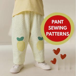 May include: Off-white pants with a subtle green speckled pattern and two yellow lemon-shaped patches with green leaves on the front. The pants are paired with a plain yellow top and white sneakers. A red circular graphic reads PANT SEWING PATTERNS.