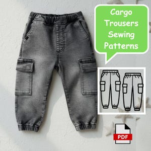 May include: Gray cargo trousers with an elastic waistband, side pockets, and cuffed ankles. A green speech bubble contains the text Cargo Trousers Sewing Patterns. A small square shows a black and white line drawing of the trousers and a PDF icon.