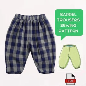 Puede incluir: Un pantalón con un patrón de cuadros azul marino y gris con cintura elástica. Un globo de texto verde contiene el texto BARREL TROUSERS SEWING PATTERN, acompañado de una ilustración verde claro y un icono de archivo PDF.