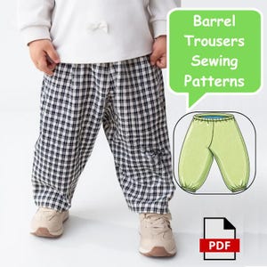 May include: Barrel trousers sewing patterns in PDF format. The image displays a pair of black and white checkered trousers with a loose fit, paired with a white long-sleeved top and beige sneakers. A green speech bubble contains the text Barrel Trousers Sewing Patterns, accompanied by a light green illustration of the trousers and a PDF file icon.