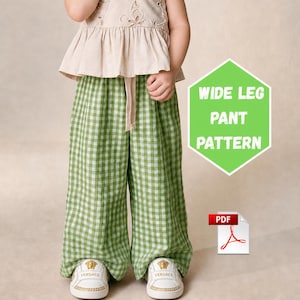 Könnte beinhalten: Weite Hose mit grün-weißem Vichy-Karo-Muster, kombiniert mit einem beigen ärmellosen Oberteil. Eine grüne sechseckige Grafik zeigt den Text WIDE LEG PANT PATTERN, begleitet von einem rot-weißen PDF-Dateisymbol unter dem Text.