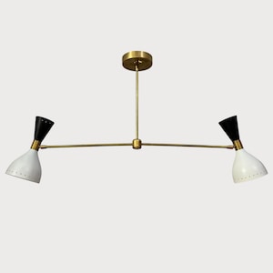 Mid-Century Modern 2-Light Brass Chandelier | Black & White Cone Pendant Ceiling Light | Retro Minimalist Lighting Fixture