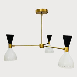 Mid-Century Modern 3-Light Brass Chandelier | Vintage Cone Pendant Ceiling Light | Black & White Retro Lighting Fixture