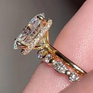 3CT Oval Moissanite Engagement Ring Set | 14K Gold Bridal Ring Set | Hidden Halo Wedding Ring with Round & Marquise Band – Goldmoissy