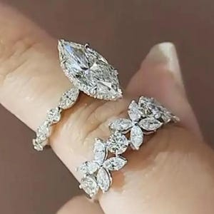 2.5 CT Marquise Cut Moissanite Engagement Ring Set, 14K Gold Bridal Wedding Ring Set, Hidden Halo Moissanite Anniversary Ring