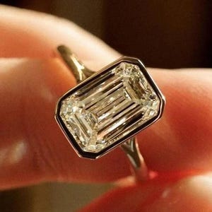 4 CT Emerald Cut Moissanite Engagement Ring | Bezel Set Solitaire Ring | 14K Gold Emerald Diamond Ring | Unique Anniversary or Promise Ring
