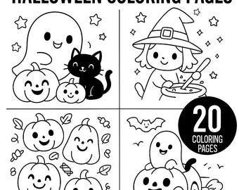 May include: Black and white Halloween coloring pages with various illustrations. Includes a ghost, black cat, witch, pumpkins, and a ghost driving a pumpkin car. The cover reads "HALLOWEEN COLORING PAGES" and "20 COLORING PAGES".
