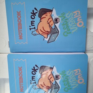 May include: Two blue notebooks with the word "NOTEBOOK" in a decorative frame. Each notebook features a cartoon cat with a laptop and the phrases "I'm ok!" and "Positive Vibes Only."