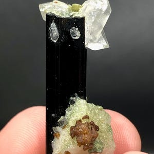 May include: A black tourmaline crystal with clear quartz and green and brown mineral formations. The tourmaline is a long, rectangular shape. The quartz is a clear, crystalline structure. The green and brown minerals are clustered at the base.