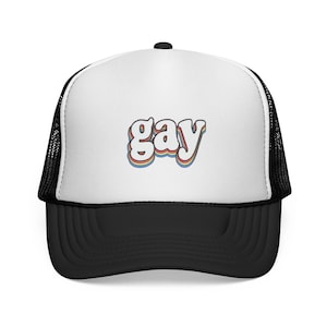 Rainbow Gay Trucker Cap, LGBTQ Pride Hat, Funny Quirky Design, Colorful Rainbow Font, LGBT Pride Parade, LGBTQ+ Support, Gay Pride Festival,