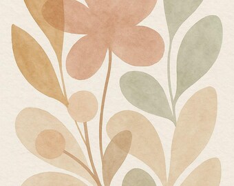 Peut inclure: Illustration à l'aquarelle d'une fleur et de feuilles dans des tons pêche, beige et vert sauge. Le motif floral se détache sur un fond crème, créant une esthétique douce et naturelle. L'œuvre évoque un sentiment de calme et de simplicité.