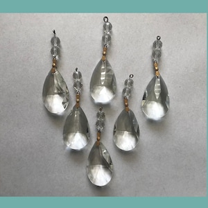 6 BEADED TEARDROPS w/ Ornate Brass Connectors  /  Vintage Beaded Teardrops /  Teardrops w Beads Top / Crystals Prisms Hardware Parts