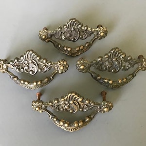 Four Vintage  Ornate Cast Brass HANDLES / Old Dresser Drawer Handles / Cabinet Furniture Handles / Architectural Old Vintage Brass Hardware