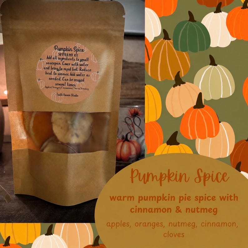 May include: A brown paper pouch containing a pumpkin spice simmer pot kit. The label reads: Pumpkin Spice, Add all ingredients to small saucepan. Cover with water and bring to rapid boil. Reduce heat to simmer. Add water as needed. Can be reused several times. Apples, Oranges, Cinnamon, Cloves, Nutmeg. Faith Haven Studio.