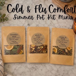 May include: Three brown paper pouches labeled Cold & Flu Comfort Simmer Pot Kit Minis. Each pouch features a circular sticker with text: breathe easy, warm & cozy, or clear & calm. The clear windows reveal dried orange slices and spices.