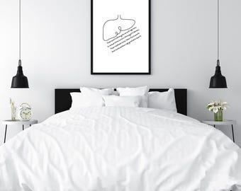 May include: A framed black and white art print featuring a minimalist line drawing of a torso and the words "That love is stronger than it seems, a secret love is stronger than it seems, their selfless love is stronger than it seems, love is setting a grateful heart."