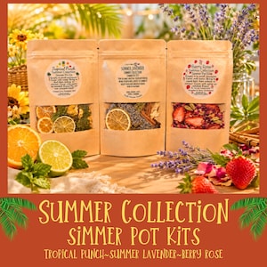 May include: Three brown paper bags with clear windows, each containing a different simmer pot kit. The kits are labeled "Tropical Punch," "Summer Lavender," and "Berry Rose." Fresh fruit and flowers surround the bags. The text "Summer Collection Simmer Pot Kits" is displayed below.