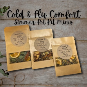 May include: Three small kraft paper pouches labeled "breathe easy", "warm & cozy", and "clear & calm". Each pouch contains a blend of herbs, spices, and dried citrus. The text "Cold & Flu Comfort Simmer Pot Kit Minis" is above the pouches.