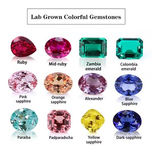 May include: A collection of lab-grown colorful gemstones, including ruby, emerald, and sapphire. The image displays various shapes and colors, such as pink, orange, and yellow. Text at the top reads "Lab Grown Colorful Gemstones."