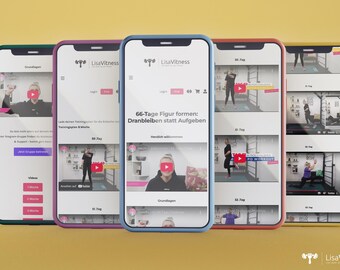 Op de afbeelding: Vijf smartphones met kleurrijke hoesjes tonen een fitness app interface. De app, genaamd "LisaVitness", bevat workout video's en de tekst "66-Tage Figur formen: Dranbleiben statt Aufgaben."