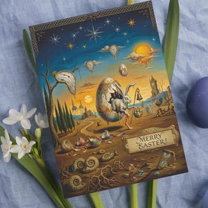 May include: An Easter greeting card with a surreal landscape illustration, featuring a rabbit emerging from a decorated egg. The card is surrounded by blue eggs and white daffodils on a blue fabric. The card reads "Merry Easter!"