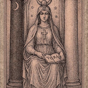 Può includere: Illustrazione della carta dei tarocchi L'Alta Sacerdotessa. L'immagine mostra una donna seduta tra due colonne, che tiene in mano un libro con la scritta "TORA". Indossa un copricapo con una luna crescente e una croce. La carta è incorniciata in rosa.
