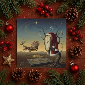 May include: A surreal Christmas-themed artwork featuring a melting clock, Santa hat, and reindeer-pulled sleigh. The image includes the text "MERRY CHRISTMAS AND HAPPY NEW YEAR" on a stone tablet, surrounded by festive decorations.