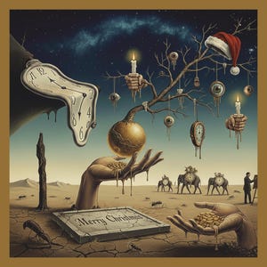 May include: Surrealist artwork featuring melting clocks, a Santa hat, and a tree adorned with eyes and clocks. The image includes hands holding objects and the text "Merry Christmas" on a stone tablet, set against a desert landscape.
