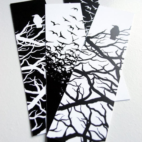 Black and White Crow Bookmarks - Set of 4