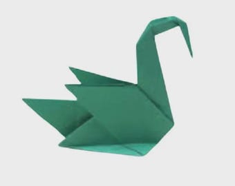 May include: A folded origami swan in a vibrant shade of green. The paper swan is depicted in a side profile, showcasing its neck, beak, wings, and body. The swan is set against a plain, light background.