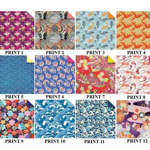 May include: A collection of twelve double-sided patterned papers. The papers feature various designs, including floral, paisley, koi fish, and wave patterns. Each paper is labeled with "PRINT" followed by a number from 1 to 12.