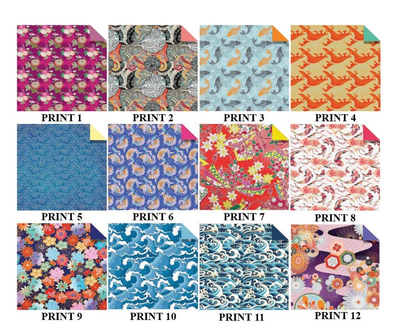 May include: A collection of twelve double-sided patterned papers. The papers feature various designs, including floral, paisley, koi fish, and wave patterns. Each paper is labeled with "PRINT" followed by a number from 1 to 12.