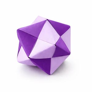 May include: A geometric puzzle toy in the shape of a star, composed of interlocking triangular pieces. The toy features a color scheme of purple and light purple, creating a visually appealing contrast. The object is set against a white background.