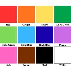 May include: A color chart featuring twelve distinct color blocks, each labeled with its respective color name. Colors include red, orange, yellow, green, blue, purple, pink, brown, black, and white.