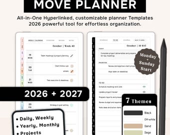 Daily Minimalist Remarkable paper pro move planner Template | 2026 + 2027 Calendar