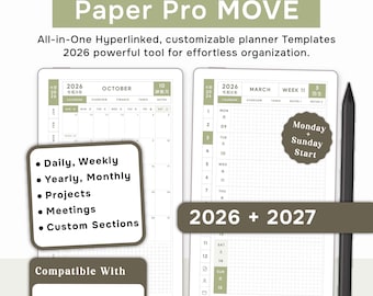 Mainichi Template planner Compatible with Remarkable paper pro Move | Japanese Grid Sage Weekly Daily 2026 & 2027.