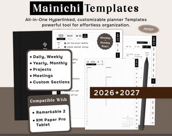 reMarkable pro Planner 2026-2027, Daily Weekly Monthly Japanese Grid Templates