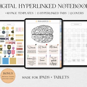 Könnte beinhalten: Digitales, hyperverlinktes Notizbuch mit 40 Seitenvorlagen, 13 Hyperlink-Tabs und 12 Covern. Das Notizbuch enthält digitale Aufkleber und Planer-Cover. Der mittlere Bildschirm zeigt eine Gehirngrafik mit "Brain Superfood".