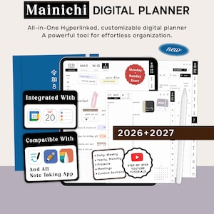 Digitale planner 2026 2027 voor iPad en Goodnotes, dagelijks wekelijks maandelijks minimalistische Japanse rasterkalender.