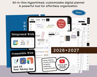 Digital planner 2026 2027 for iPad & Goodnotes, Daily Weekly Monthly Minimalist Japanese Grid Calendar.