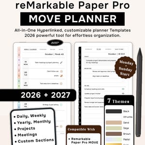 Puede incluir: Planificador digital para reMarkable Paper Pro MOVE, con calendario semanal, horario y listas de tareas. Incluye 7 temas y cubiertas adicionales. El planificador está diseñado para 2026 y 2027, con secciones diarias, semanales, anuales, mensuales, proyectos, reuniones y personalizadas.