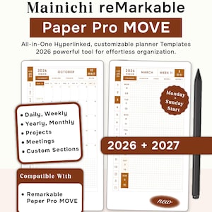 Plantilla de planificador de mudanzas profesional en papel notable de Mainichi, cuadrícula japonesa, otoño, semana diaria 2026 y 2027.