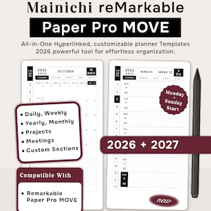 reMarkable Paper Pro MOVE Planner Templates 2026-2027, Daily Weekly Monthly