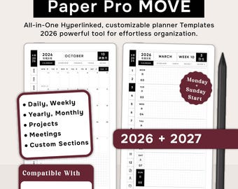 reMarkable Paper Pro MOVE Planner Templates 2026-2027, Daily Weekly Monthly