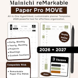reMarkable Planner 2026-2027, Paper Pro MOVE Template, Daily Weekly Monthly, Digital (PDF Download) Planner