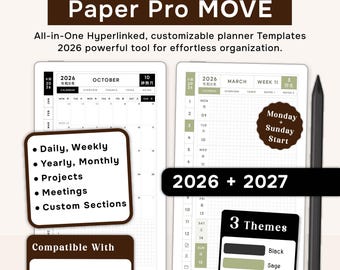reMarkable Planner 2026-2027, Paper Pro MOVE Template, Daily Weekly Monthly, Digital (PDF Download) Planner