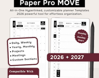 Planner Templates Compatible with reMarkable Paper Pro MOVE 2026-2027, Daily Weekly Monthly