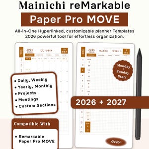Puede incluir: Planificador digital para tabletas reMarkable. La imagen muestra un planificador digital con el texto "Mainichi reMarkable Paper Pro MOVE". Incluye secciones diarias, semanales, anuales, mensuales, proyectos, reuniones y personalizadas.